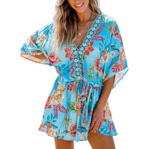 CUPSHE Women’s Mini Dress V Neck Floral Half Dolman Sleeve Belted Loose Fit Short Summer Beach Dress(Light Blue)