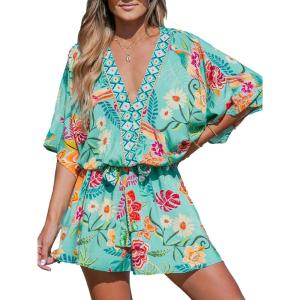 CUPSHE Women’s Mini Dress V Neck Floral Half Dolman Sleeve Belted Loose Fit Short Summer Beach Dress(Mint Floral)