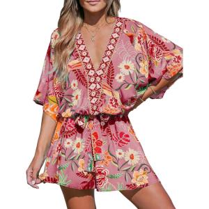 CUPSHE Women’s Mini Dress V Neck Floral Half Dolman Sleeve Belted Loose Fit Short Summer Beach Dress(Pink Floral)