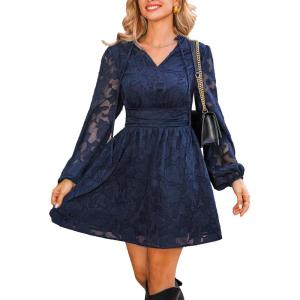 CUPSHE Women’s Mini Dresses Casual Floral Lace Tie Neck Long Lantern Sleeves Elastic Waist A-Line Flowy Dress(Navy)
