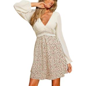 CUPSHE Womens Mini Fall Dresses V Neck Casual Long Sleeve Floral Self Tie Crochet Short Flowy Wedding Guest Dress(Beige Floral)