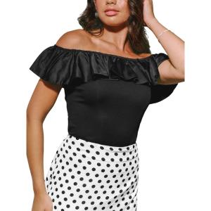 CUPSHE Womens Off Shoulder Tops Short Sleeves Backless Ruffled Trim Shirts S-XL(Black)