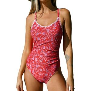 CUPSHE Women’s One Piece Swimsuit Bathing Suit Scoop Neck Back Tie Shell Stitch Ruched Swimwear(Red Paisley)