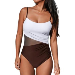CUPSHE Women’s One Piece Swimsuit Bathing Suit Scoop Neck Cutout Back Hook Color Block Mesh Swimwear(Dark Brown/White)