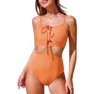CUPSHE Women’s One Piece Swimsuit Bathing Suit Scoop Neck Lace Up Cut Out Monokini Textured Adjustable Straps(Orange)