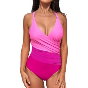 CUPSHE Women’s One Piece Swimsuit Bathing Suit V Neck Ruched Crisscross Back Self Tie Color Block(Magenta/Pink)