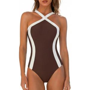 CUPSHE Women’s One Piece Swimsuit Cross Front High Neck Bathing Suit Adjustable Straps Color Block Swimwear(Brown/White)
