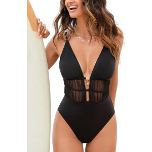 CUPSHE Women’s One Piece Swimsuit Deep V Neck Bathing Suit Back Self Tie Mesh Ruching Adjustable Straps(Black)