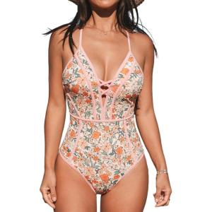 CUPSHE Women’s One Piece Swimsuit Plunging V Neck Bathing Suit Crisscross Back Tie Slimming Color Block(Beige/Ditsy Floral)