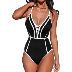 CUPSHE Women’s One Piece Swimsuit Plunging V Neck Bathing Suit Crisscross Back Tie Slimming Color Block(Black/White)