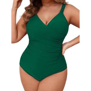 CUPSHE Women‘s One Piece Swimsuit Plus Size Tummy Control V Neck Bathing Suit Curvy Cutout Slimming(Forest Green)