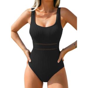 CUPSHE Women’s One Piece Swimsuit Scoop Neck Textured Bathing Suit Cutouts Low Back Swimwear Wide Straps(Black)