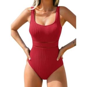 CUPSHE Women’s One Piece Swimsuit Scoop Neck Textured Bathing Suit Cutouts Low Back Swimwear Wide Straps(Red)