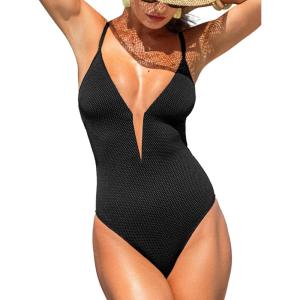 CUPSHE Women’s One Piece Swimsuit Sexy Plunging Neck V Wire Bathing Suit Adjustable Straps Spaghetti Textured Swimwear(Black)