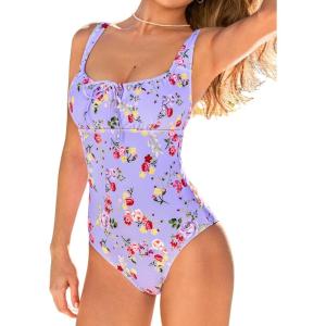 CUPSHE Women’s One Piece Swimsuit Square Neck Tie Bathing Suit Adjustable Straps Back Hook Ruching(Lavender Floral)