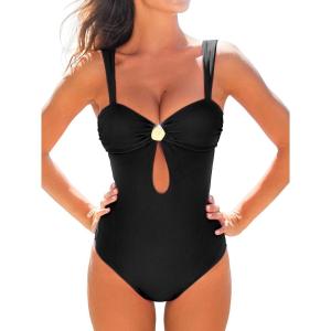 CUPSHE Women’s One Piece Swimsuit Sweetheart Neck Keyhole Bathing Suit Ruching Cutout Back Wide Straps Adjustable(Black)