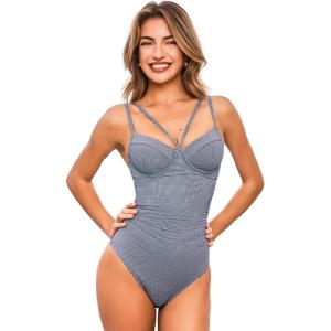 CUPSHE Women’s One Piece Swimsuit Sweetheart Neck Underwire Adjustable Straps Bathing Suit Back Hook Tummy Control(Navy White Gingham)