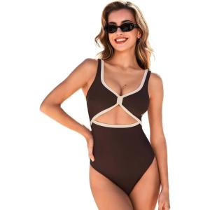 CUPSHE Women’s One Piece Swimsuit V Neck Bathing Suit Cutout Adjustable Wide Straps Back Hook Stripe(Brown/Beige)