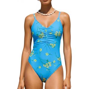 CUPSHE Women’s One Piece Swimsuit V Neck Bathing Suits Low Back Tie Ruching Adjustable Straps Swimwear(Sky Blue/Yellow Floral)
