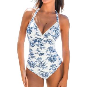 CUPSHE Women’s One Piece Swimsuit V Neck Halter Straps Ruched Tummy Back Tie Adjustable Straps Shell Stitch(White/Toile Print)