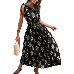 CUPSHE Women’s One Shoulder Floral Printed Sleeveless Smocked Waist Maxi Dress Summer Boho Long Dress(Black)