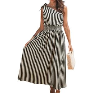 CUPSHE Women’s One Shoulder Floral Printed Sleeveless Smocked Waist Maxi Dress Summer Boho Long Dress(Black Stripe)