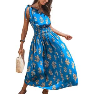 CUPSHE Women’s One Shoulder Floral Printed Sleeveless Smocked Waist Maxi Dress Summer Boho Long Dress(Blue)