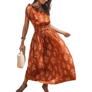 CUPSHE Women’s One Shoulder Floral Printed Sleeveless Smocked Waist Maxi Dress Summer Boho Long Dress(Orange)