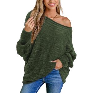 CUPSHE Womens One Shoulder Sweaters Puff Long Sleeve Soft Fuzzy Lightweight Pullover Sweater Tops(Army Green)