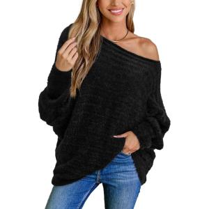 CUPSHE Womens One Shoulder Sweaters Puff Long Sleeve Soft Fuzzy Lightweight Pullover Sweater Tops(Black)