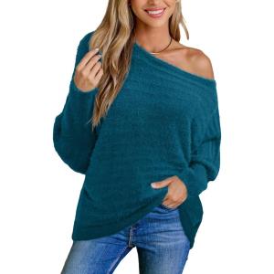 CUPSHE Womens One Shoulder Sweaters Puff Long Sleeve Soft Fuzzy Lightweight Pullover Sweater Tops(Blue)