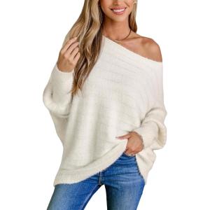 CUPSHE Womens One Shoulder Sweaters Puff Long Sleeve Soft Fuzzy Lightweight Pullover Sweater Tops(White)