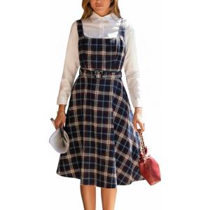 CUPSHE Women’s Plaid A Line Midi Dress Square Neck Sleeveless Adjustable Belt Casual Fall Dresses(Navy Blue)