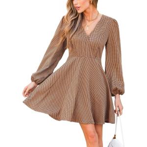 CUPSHE Women’s Plaid Fall Mini Dress V Neck Puff Sleeve Flowy A Line Ruffled Casual Dresses(Orange Plaid)