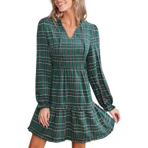 CUPSHE Women’s Plaid Fall Ruffle Mini Dress V Neck Puff Sleeve Casual Autumn Party Dresses(Green)