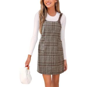 CUPSHE Women’s Plaid Overall Dress Woven Scoop Neck Sleeveless Fall Pinafore Mini Dress with Pockets(Brown)