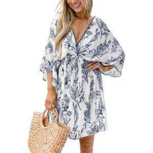 CUPSHE Women’s Plunging V Neck Backless Beach Dress Paisley Boho Blouson Sleeve Back Tie Waist Tie Mini Summer Dresses(Blue)