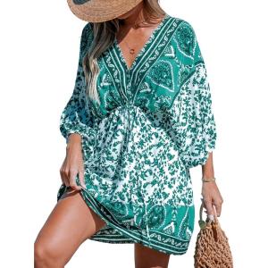 CUPSHE Women’s Plunging V Neck Backless Beach Dress Paisley Boho Blouson Sleeve Back Tie Waist Tie Mini Summer Dresses(Green Paisley)