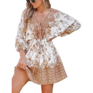 CUPSHE Women’s Plunging V Neck Backless Beach Dress Paisley Boho Blouson Sleeve Back Tie Waist Tie Mini Summer Dresses(Orange Floral)