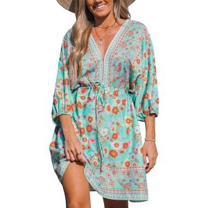 CUPSHE Women’s Plunging V Neck Backless Beach Dress Paisley Boho Blouson Sleeve Back Tie Waist Tie Mini Summer Dresses(Teal)