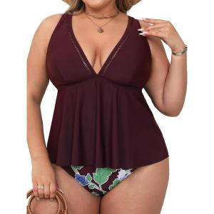 CUPSHE Women’s Plus Size Tankini Sets V Neck Two Piece Swimsuits Adjustable Wide Straps Mid Rise Self Tied(Purple/Floral)