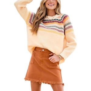 CUPSHE Women’s Pullover Sweaters Long Sleeve Geo Pattern Chunky Knit Pullover Tops(Apricot)