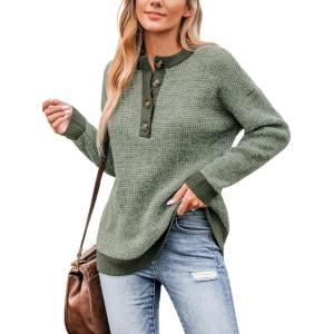 CUPSHE Women’s Ribbed Knit Sweaters Drop Long Sleeve Henley Button Oversized Casual Pullover Sweater Tops(Green)