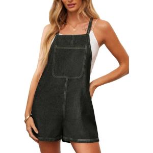 CUPSHE Women’s Romper Square Neck Denim Pocket Pinafore Jumpsuits Sleeveless Overall Wide Leg Outfit Casual Dressy(Black)