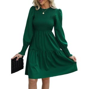 CUPSHE Women’s Round Neck Emerald Green Smocked Long Sleeve Mini Dress Ruffled Hem Casual A Line Short Dress(Emerald Green)