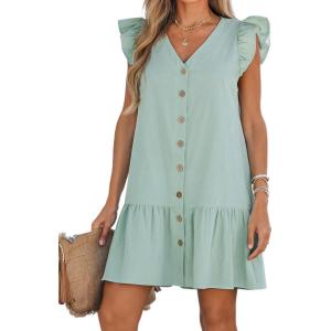 CUPSHE Women’s Ruffled Trim Button-Front Mini Dress Sleeveless Mini Dresses Casual Summer(Green)