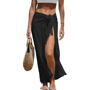 CUPSHE Women’s Sarong Cover Ups Swimsuit Wrap Skirt Self Tie Beach Cover Up Ruffle Wraps One Size(Black)