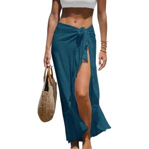 CUPSHE Women’s Sarong Cover Ups Swimsuit Wrap Skirt Self Tie Beach Cover Up Ruffle Wraps One Size(Cyan)