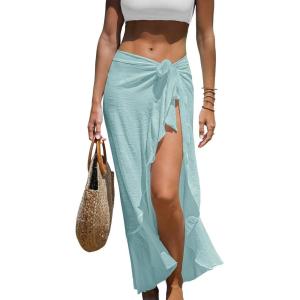 CUPSHE Women’s Sarong Cover Ups Swimsuit Wrap Skirt Self Tie Beach Cover Up Ruffle Wraps One Size(Light Cyan)