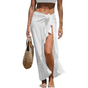 CUPSHE Women’s Sarong Cover Ups Swimsuit Wrap Skirt Self Tie Beach Cover Up Ruffle Wraps One Size(White)